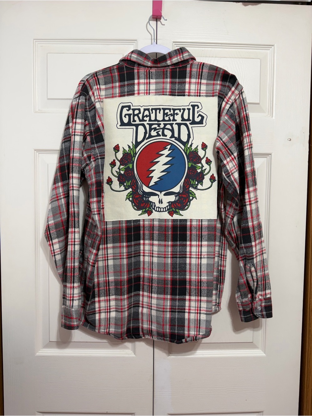Upcycled Grateful Dead Men's Red, Black & White Plaid Button-Down Shirt